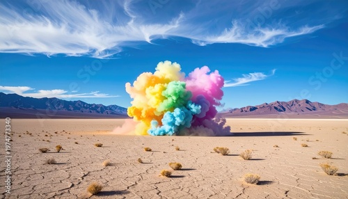 Vibrant rainbow colored smoke explosion erupts in a dry desert landscape under a blue sky.