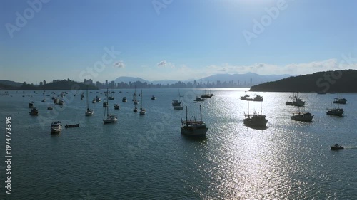 Aerial drone view of Porto Belo harbor, Itapema and Meia Praia in background, Santa Catarina, Brazil.