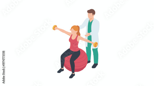 Physiotherapist assisting patient exercising on fitness ball