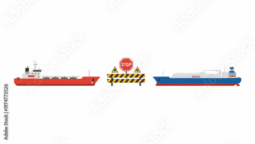 Cargo ships and oil tankers stopped by maritime road barrier