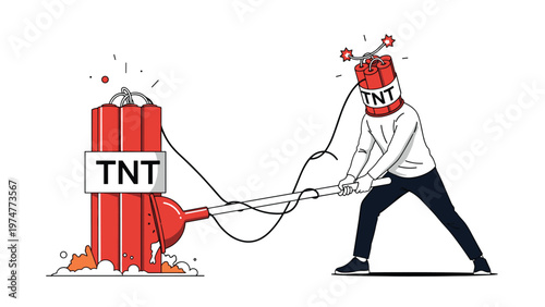 Man with a dynamite stick for a head using a plunger to ignite a massive bundle of red explosives clearly labeled with TNT text.