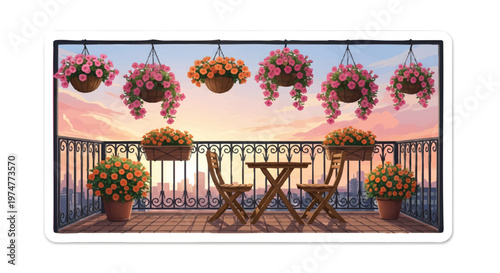 Cozy balcony with hanging flower baskets at sunset