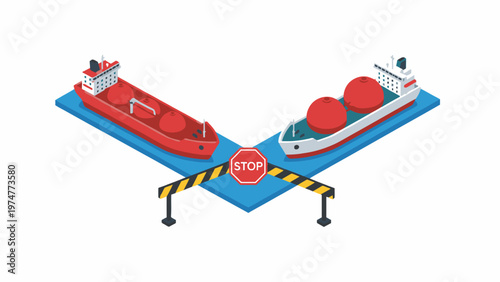 LNG Tanker Ships Blocked by Maritime Stop Barrier Illustration