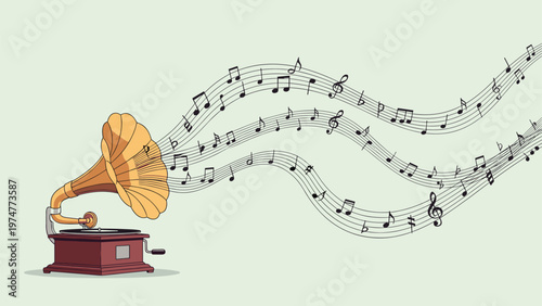 Vintage gramophone with numerous musical notes and staves flowing out of its brass horn in a beautiful wave-like motion.