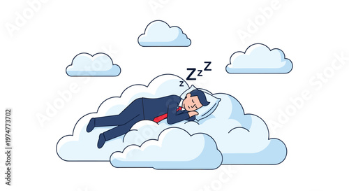 Tired businessman in a suit and red tie sleeps soundly on a large fluffy white cloud floating in a clear blue sky.