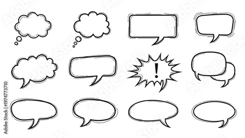 Set of hand drawn speech and thought bubbles with various shapes including clouds and jagged lines for communication and dialog designs.