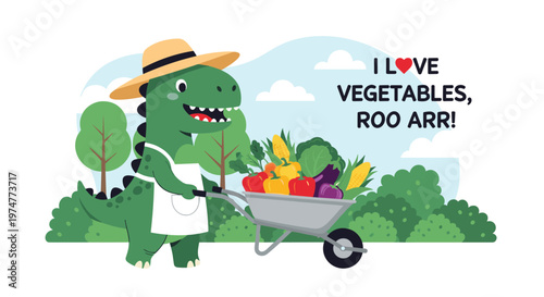 Hardworking green dinosaur wearing an apron and a sun hat pushes a wheelbarrow overflowing with various fresh vegetables.