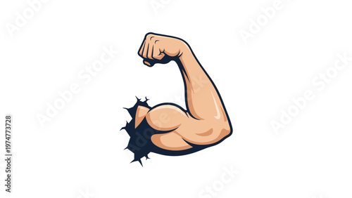 Powerful muscular bicep arm breaking through a surface symbolizing strength power health and fitness achievements in a graphic design.