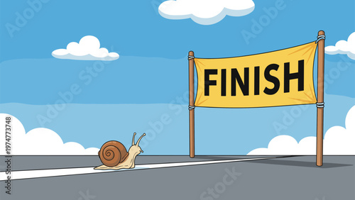 Determined snail slowly crossing a finish line under a bright blue sky with white clouds symbolizing slow but steady success in goals.