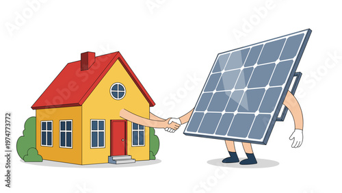 Yellow house with a red roof shaking hands with a giant solar panel character representing sustainable energy and green home solutions.