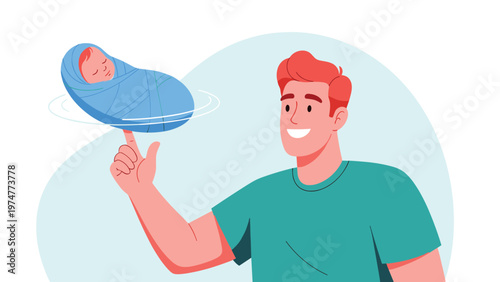 Proud father spinning his newborn baby wrapped in a blue blanket on his finger like a basketball representing parenthood and care.