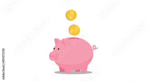 Pink piggy bank receiving falling gold coins against a white background representing savings investment and financial planning goals.