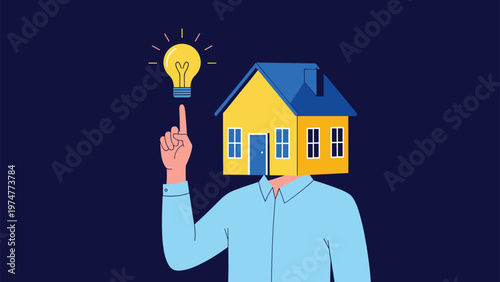 Man in a blue shirt with a house instead of a head pointing to a glowing lightbulb representing bright real estate and home ideas.