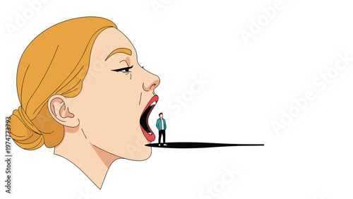 Profile of a giant woman with her mouth wide open shouting at a tiny man representing verbal abuse and power imbalance in relationships.
