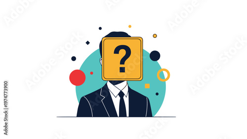 Anonymous businessman in a dark suit with a yellow question mark sign instead of a head representing mystery uncertainty or identity.