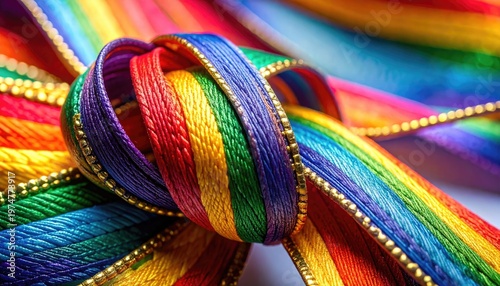Vibrant rainbow colored ribbon tied in a decorative knot with gold trim.