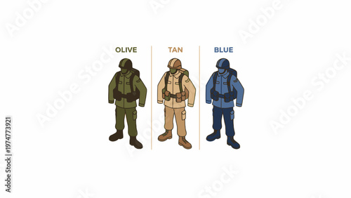 Military soldier uniform set in olive tan and blue isometric style
