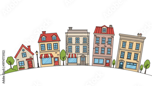 Charming row of colorful houses and shops of various sizes situated on a gentle green hill with small trees on a white background.