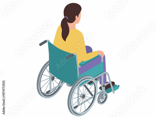 Isometric woman sitting in wheelchair isolated on white background