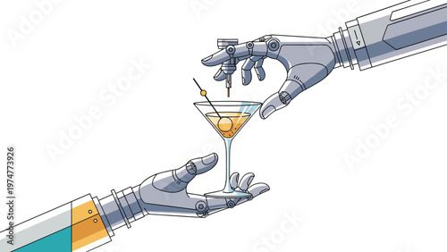 Two futuristic silver robotic hands holding and preparing a martini cocktail glass representing automation in the hospitality industry.