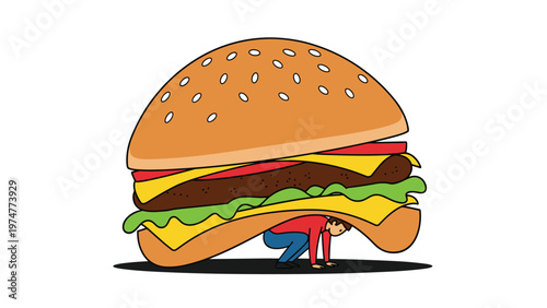 Tiny man trapped and squashed underneath a giant hamburger representing the overwhelming pressure of unhealthy eating habits and obesity.