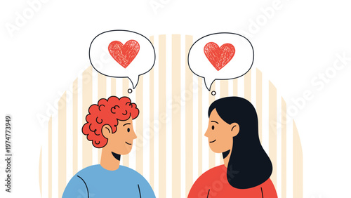 Young man and woman looking at each other with red heart speech bubbles over their heads representing love romance and dating.