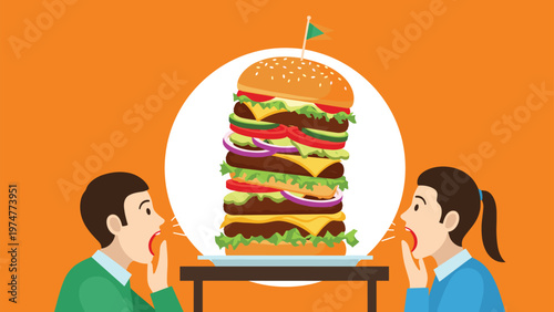 Man and woman looking in awe at a massive multi layered cheeseburger on a table representing hunger fast food cravings and excess.