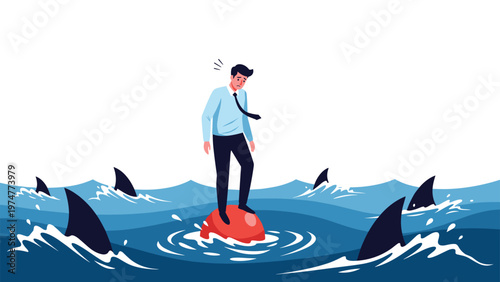 Stressed businessman standing on a red buoy in the middle of a dark blue ocean surrounded by circling sharks representing danger.