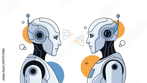 Two identical silver robots facing each other with digital data lines between them representing communication and data transfer in AI.