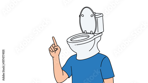 Surreal character with a porcelain toilet for a head wearing a blue t-shirt and gesturing with a raised index finger.