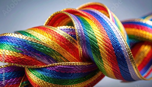 Close up of a vibrant rainbow ribbon tied in a knot with gold trim.
