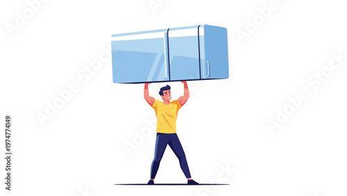Muscular man in a yellow shirt and blue pants effortlessly lifts a large refrigerator above his head with both arms.