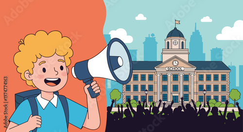 Young boy with a blue backpack uses a megaphone to make an announcement in front of a large traditional school building.