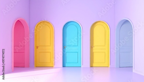 Row of colorful arched doors in a minimalist pastel room casting shadows.