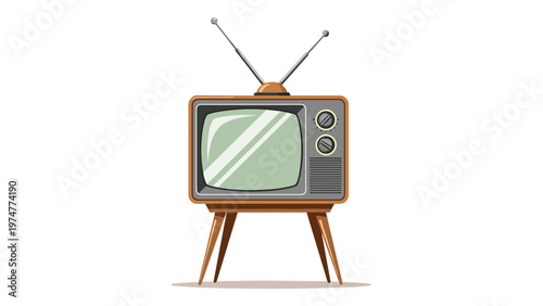 Retro wooden television set from the eighties featuring two long antennas and a green pixel art style screen.