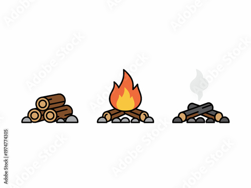 Campfire stages icons set with logs, burning fire and smoke