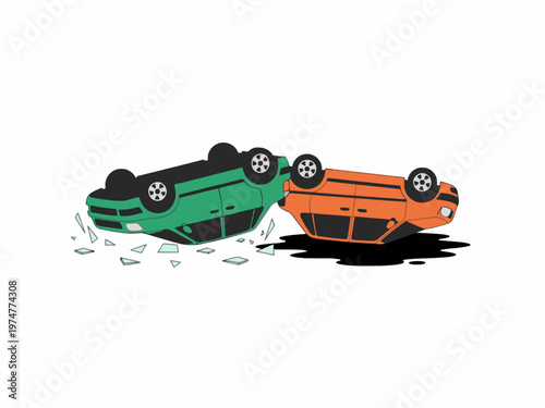 Car accident illustration with two flipped vehicles and oil spill