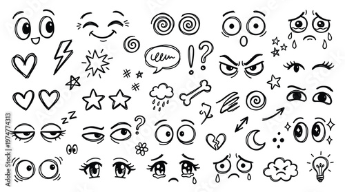 Collection of hand drawn cartoon eyes and facial expressions showing various emotions like happiness sadness anger surprise and confusion isolated on white background