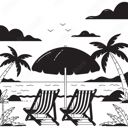 Tropical Beach Landscape with Two Deck Chairs and Umbrella Facing Ocean Waves, Palm Trees, and Clouds Minimal Black and White Silhouette Vector Illustration for Summer Vacation and Travel Design
