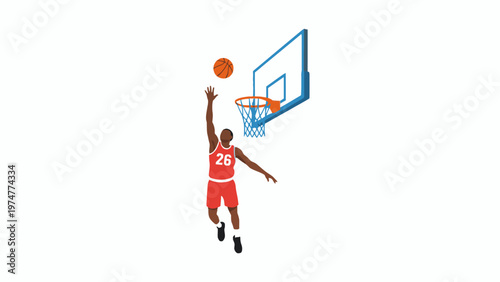 Basketball athlete jumping for layup into hoop on white background