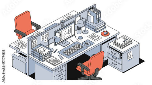Detailed isometric illustration of a corporate office workspace with desks, chairs, computers, and filing cabinets.