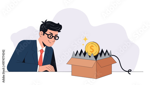 Smiling man in a business suit watches a gold dollar coin placed inside a dangerous box trap with sharp metal teeth.