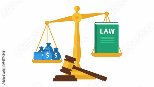 Scales of justice weighing money bags and law book with judge gavel
