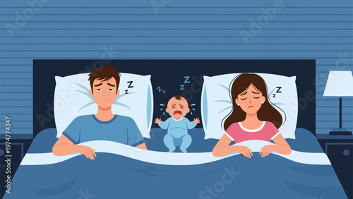 Exhausted young parents lie in bed at night while their baby cries loudly in the middle of them showing sleep loss.
