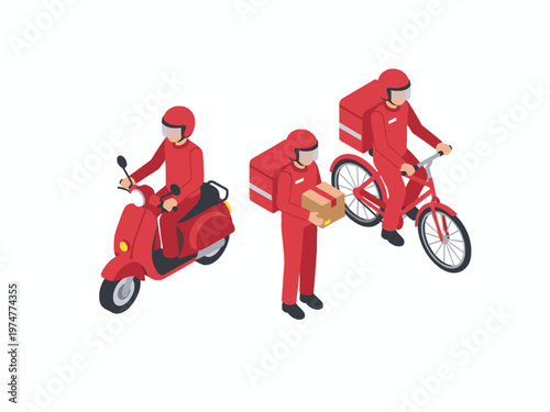 Isometric red delivery couriers on scooter, bicycle and standing