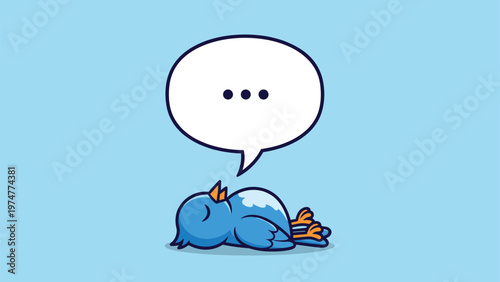 Small blue bird lies flat on its back with closed eyes next to a speech bubble containing three dots for silence.