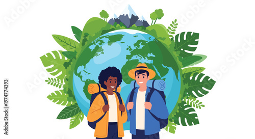 Two smiling hikers with backpacks stand together in front of a green globe to represent eco-friendly world travel.