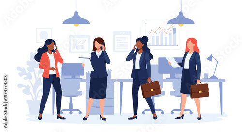 Diverse group of businesswomen in a modern office talk on their mobile phones and manage various important documents.