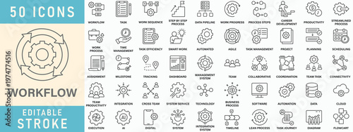 Workflow line icon collection, Editable stroke. Vector illustration.
