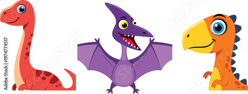 Cute Cartoon Dinosaur and Pterodactyl Character Set with Colorful Prehistoric Creatures for Kids Animation Mascot Design Collection